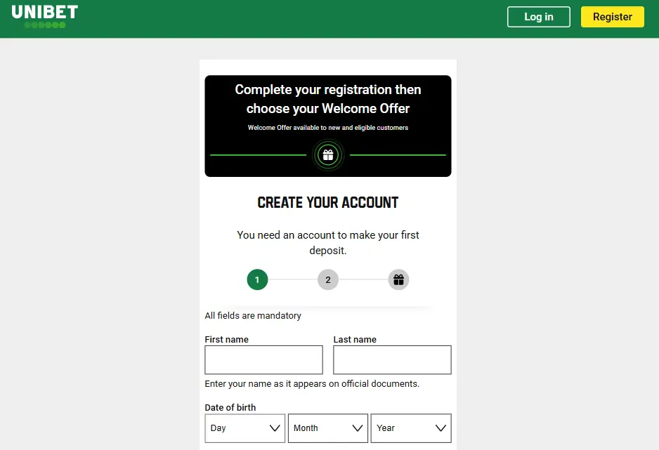 Registration at Unibet